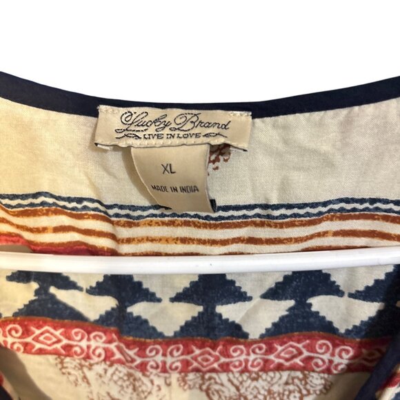 Lucky Brand XL Boho Tunic Top Beige Red Blue Geometric & Paisley Print 3/4 Sleev - Picture 3 of 6